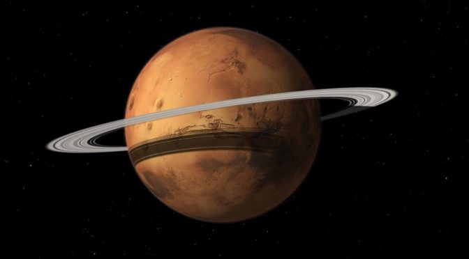 Représentation artistique de Mars avec un anneau planétaire.